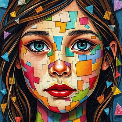The primary subject of the image is a young girl with a colorful face, featuring a mix of different colors. The setting is a close-up of her face, and the visual style is a painting or drawing. The colors and mood of the image are vibrant and lively, with a focus on the girl's unique and colorful appearance.
